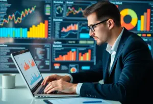 Digital marketing professional analyzing social media metrics on a laptop