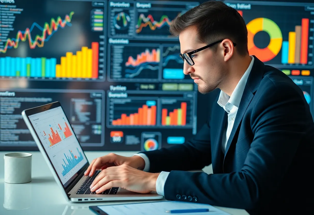 Digital marketing professional analyzing social media metrics on a laptop