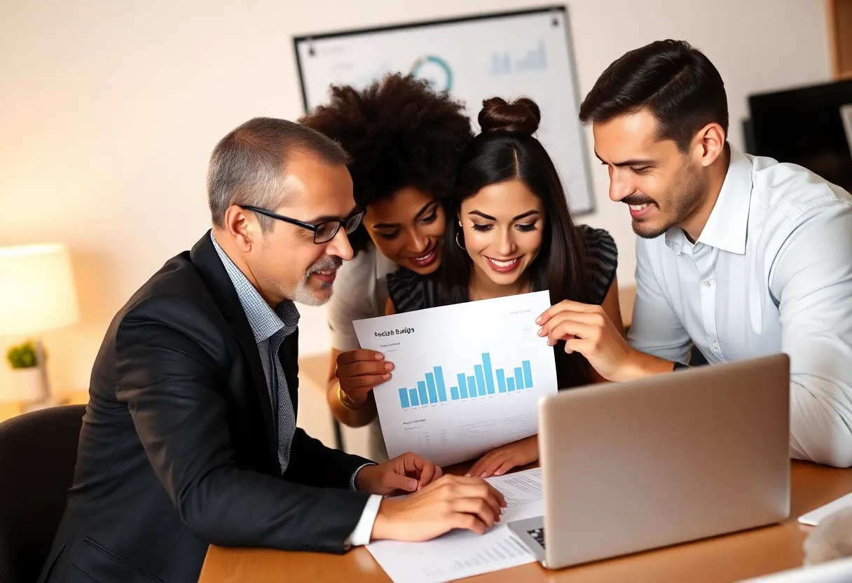 A team discussing a digital marketing budget strategy.