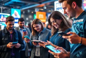 A group of people engaging with social media platforms, illustrating real-time marketing.