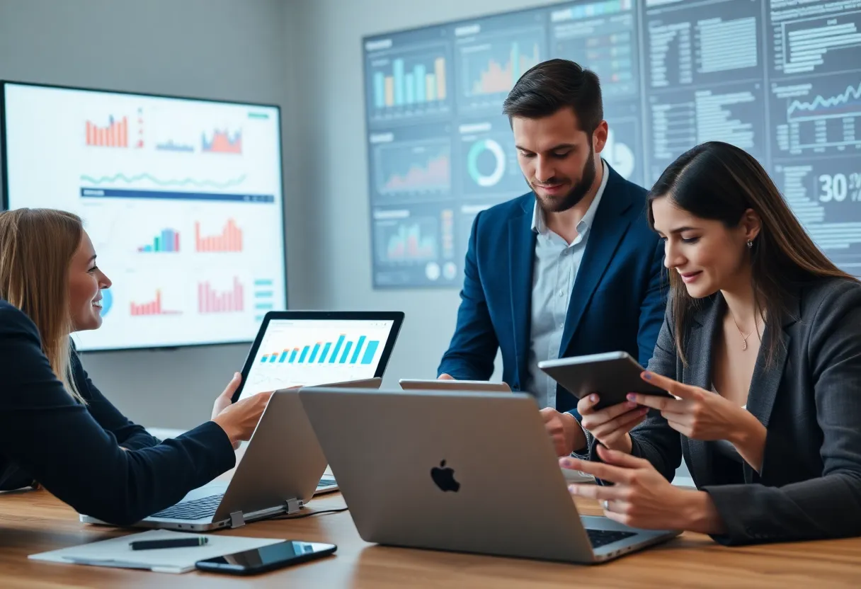 Marketing team analyzing social media analytics data