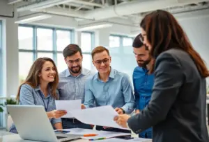 A team discussing content marketing strategies in an office