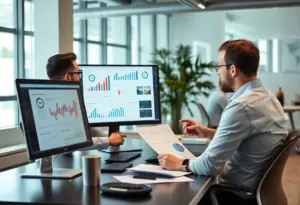 Marketers conducting cohort analysis in a modern office