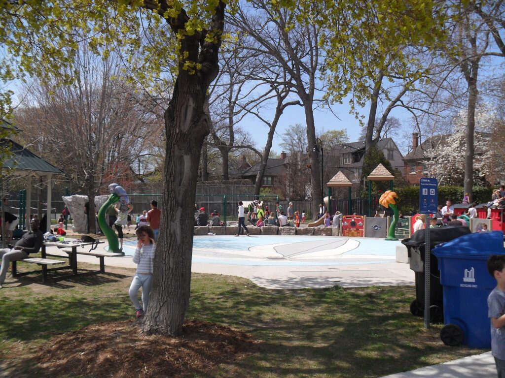 Empty playground equipment on a sunny schoolyard